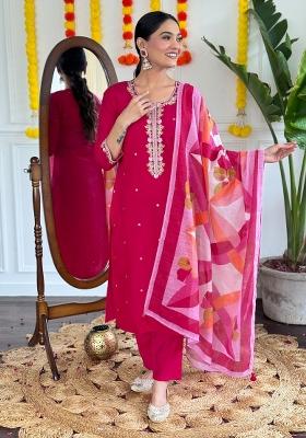 Rani Pink Embroidered Chanderi Salwar Kameez With Dupatta