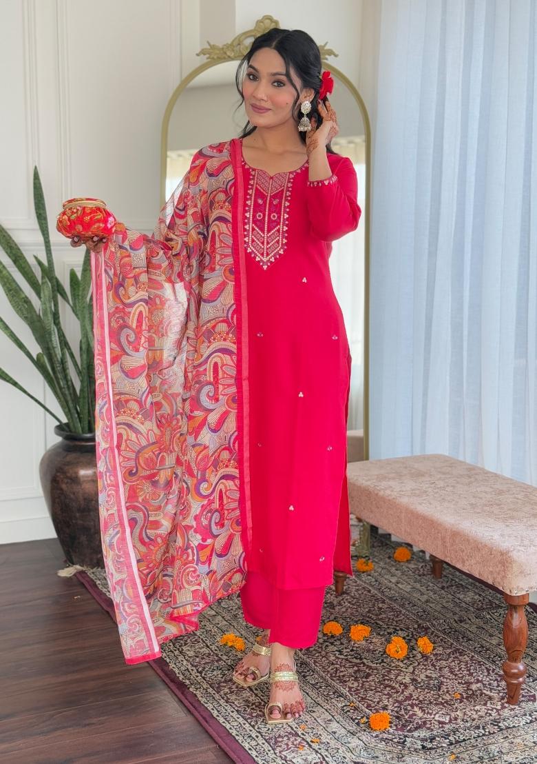 Pink Embroidered Chanderi Salwar Kameez With Dupatta