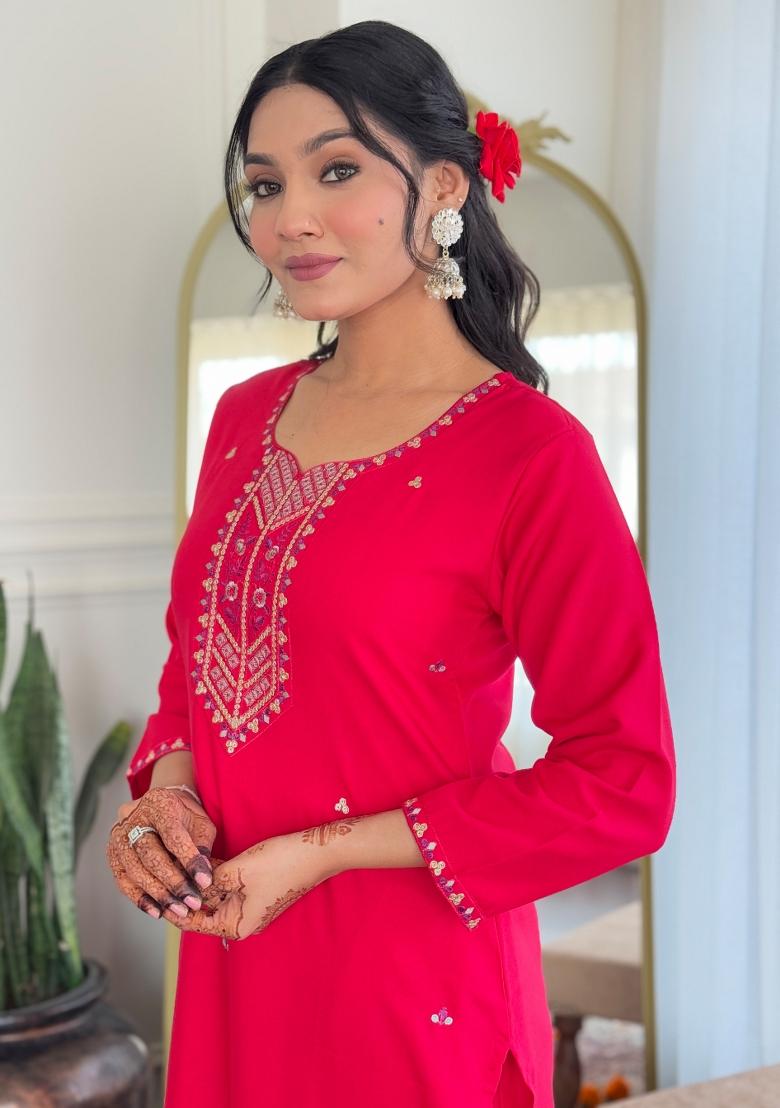 Pink Embroidered Chanderi Salwar Kameez With Dupatta