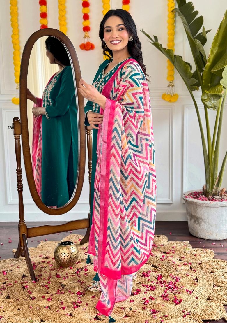 Green Embroidered Chanderi Salwar Kameez With Dupatta