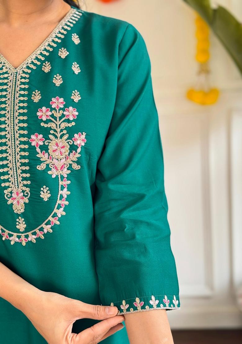 Green Embroidered Chanderi Salwar Kameez With Dupatta