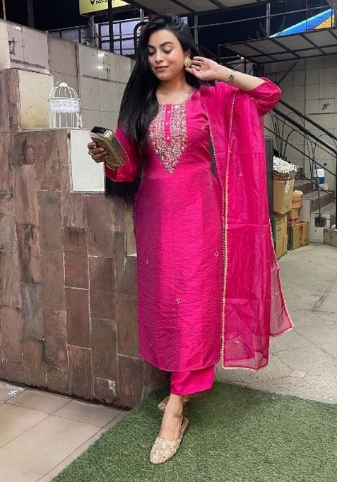 Pink Embroidered Organza Salwar Kameez With Dupatta