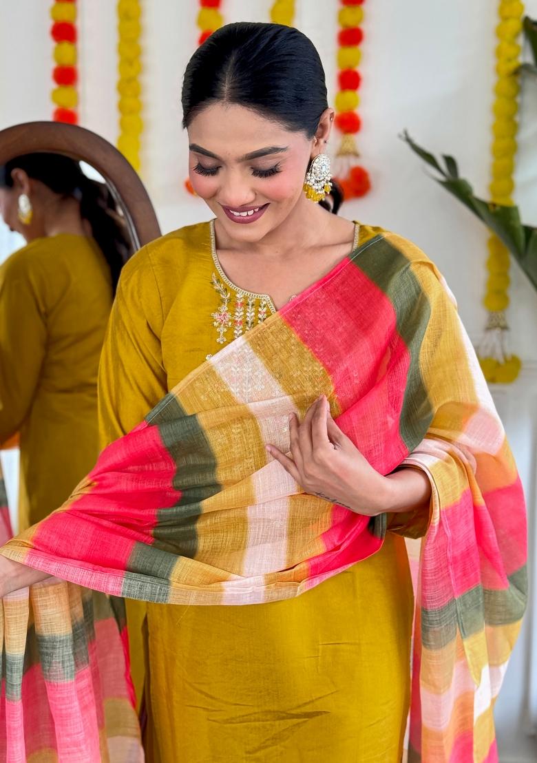 Mustard Yellow Embroidered Chanderi Salwar Kameez With Dupatta