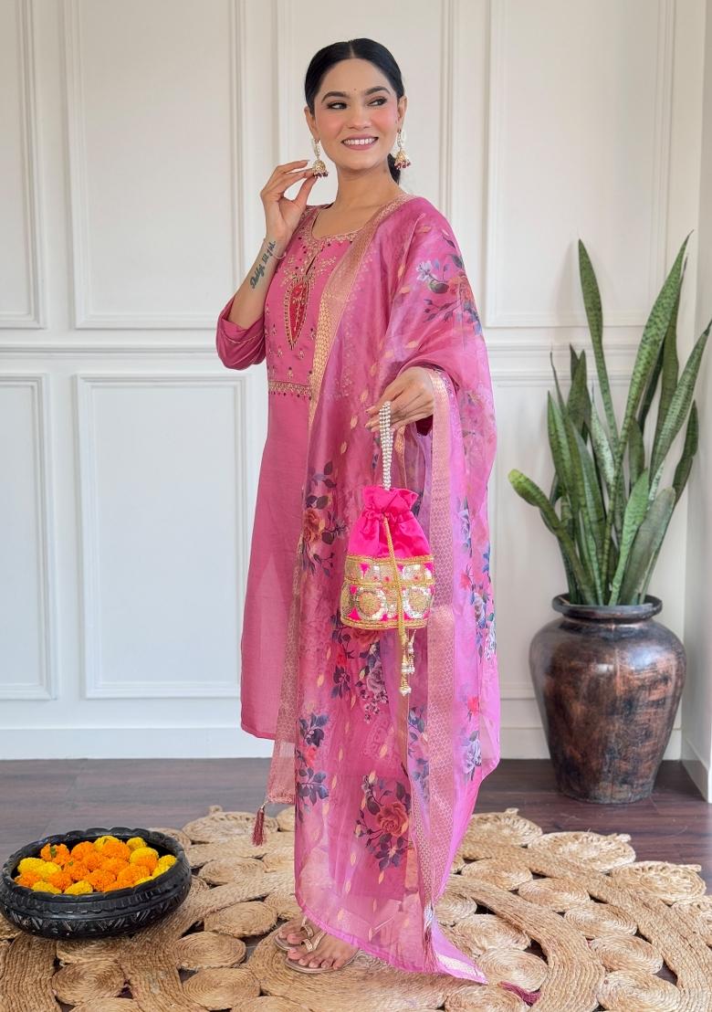 Gajri Pink Embroidered Chanderi Salwar Kameez With Dupatta