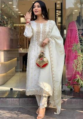 White Embroidered Chanderi Salwar Kameez With Dupatta