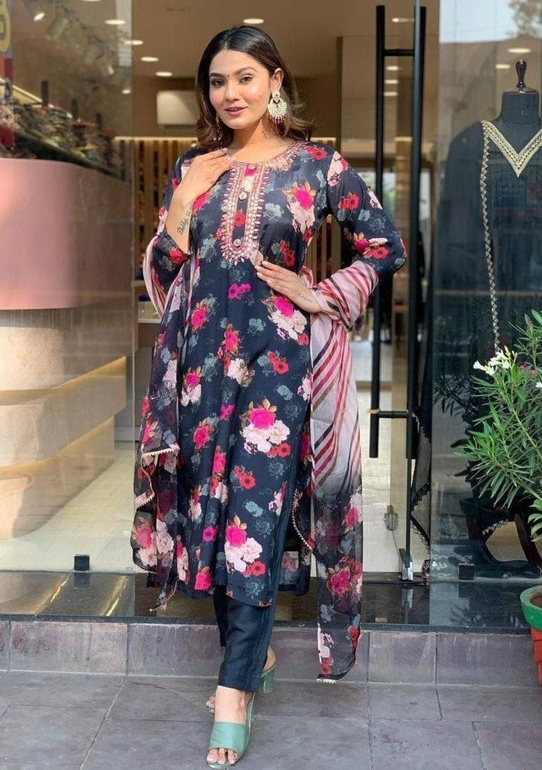 Black Embroidered Viscose Salwar Kameez With Dupatta