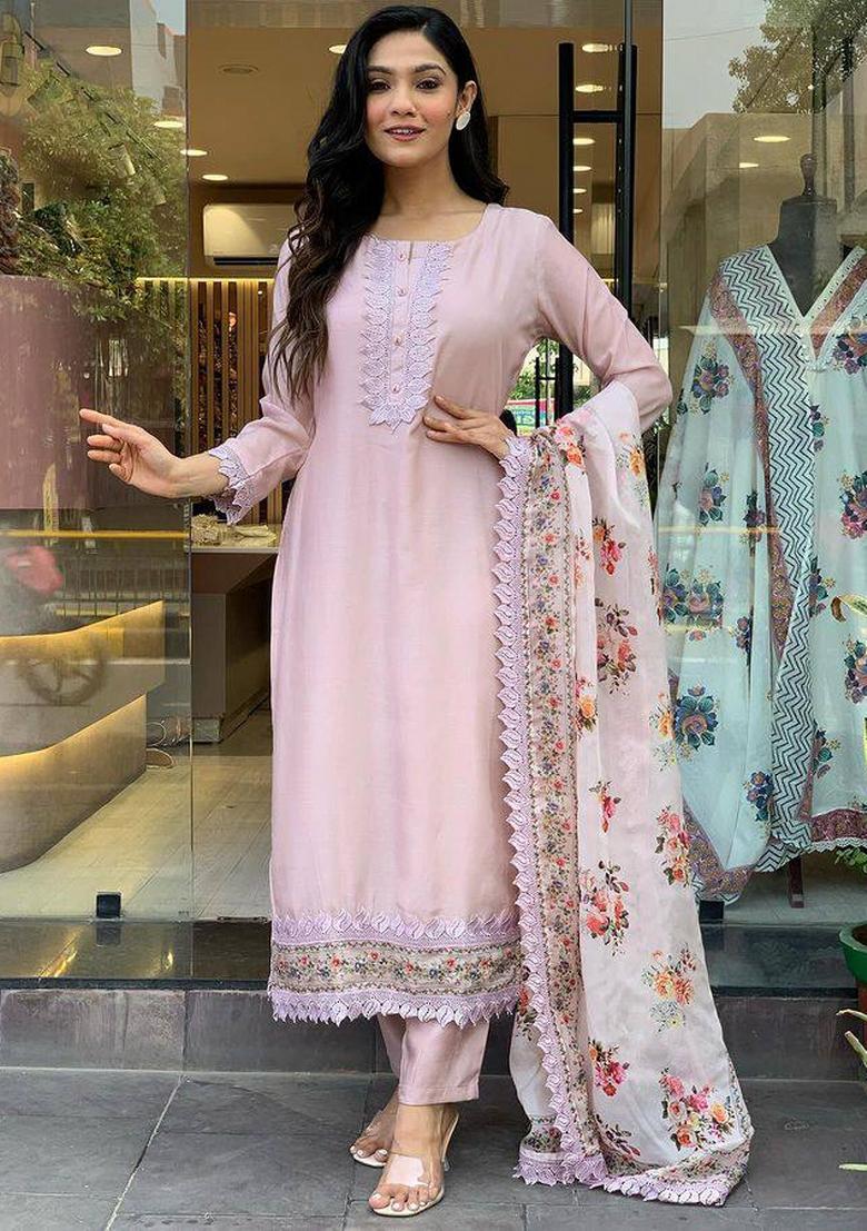 Pink Embroidered Chanderi Salwar Kameez With Dupatta