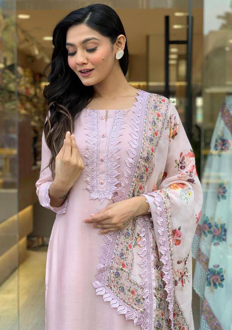 Pink Embroidered Chanderi Salwar Kameez With Dupatta
