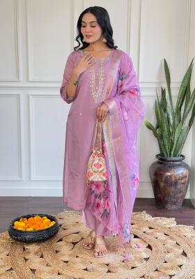 Purple Embroidered Chanderi Salwar Kameez With Dupatta