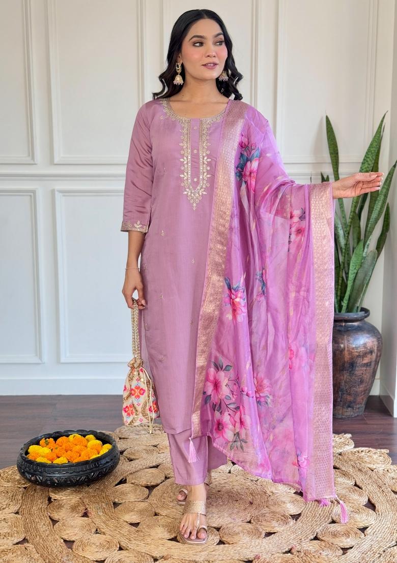 Purple Embroidered Chanderi Salwar Kameez With Dupatta
