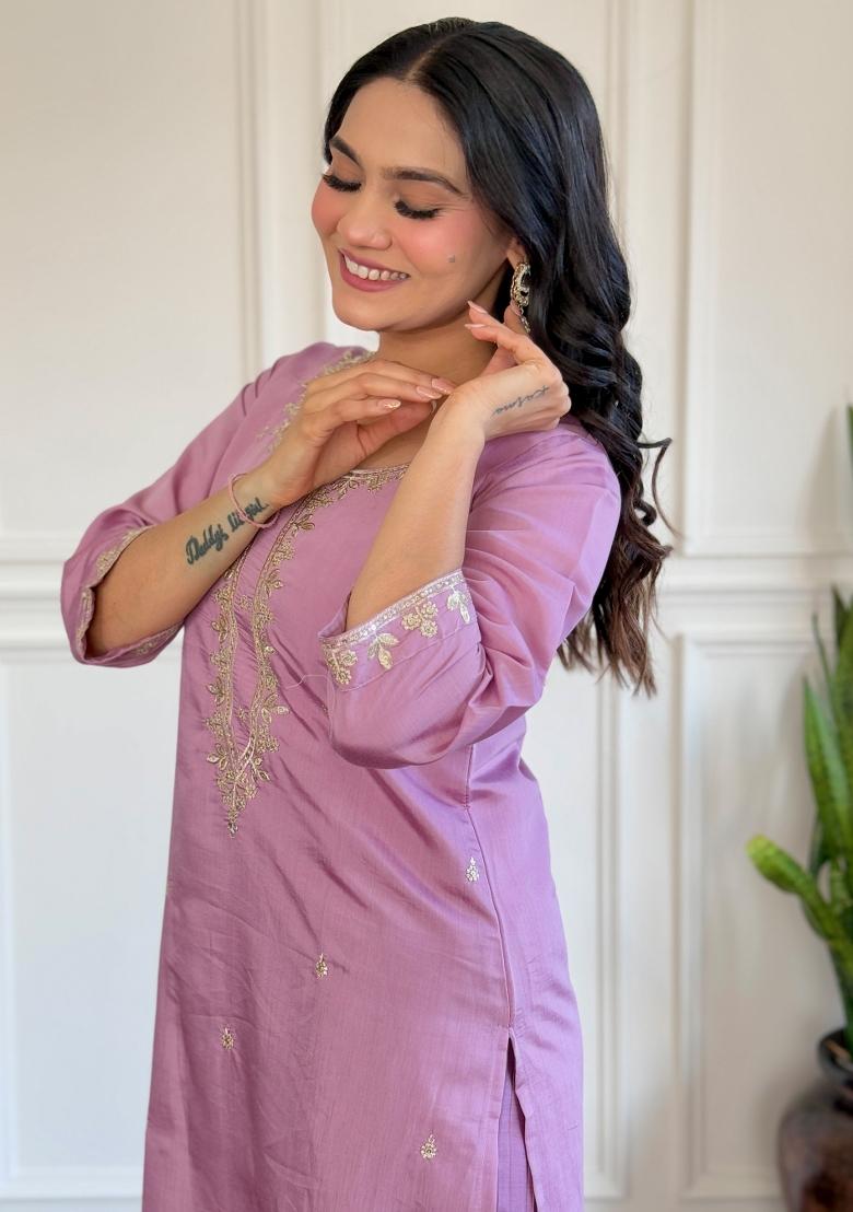 Purple Embroidered Chanderi Salwar Kameez With Dupatta