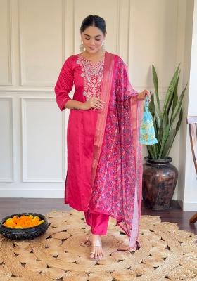 Pink Embroidered Chanderi Salwar Kameez With Dupatta