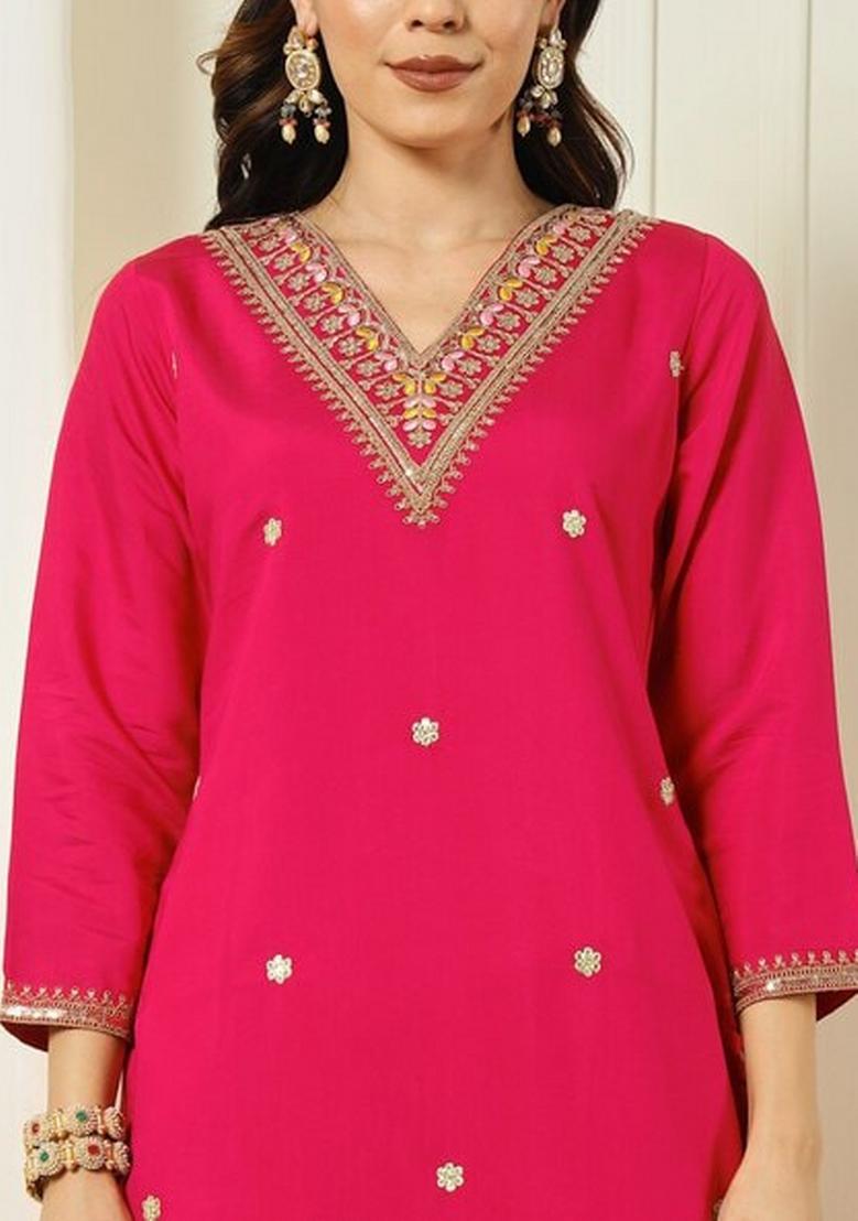 Rani Pink Embroidered Chanderi Salwar Kameez With Dupatta