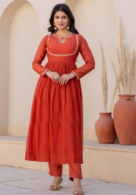 Orange Embroidered Viscose Salwar Kameez With Dupatta