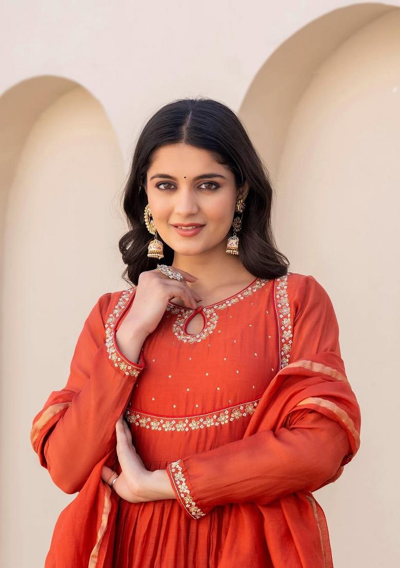 Orange Embroidered Viscose Salwar Kameez With Dupatta