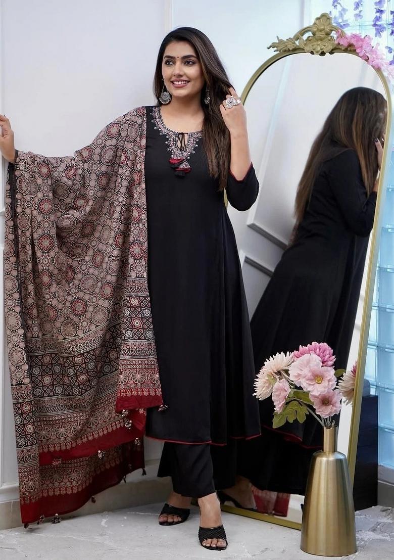 Black Embroidered Chanderi Palazzo Set With Dupatta