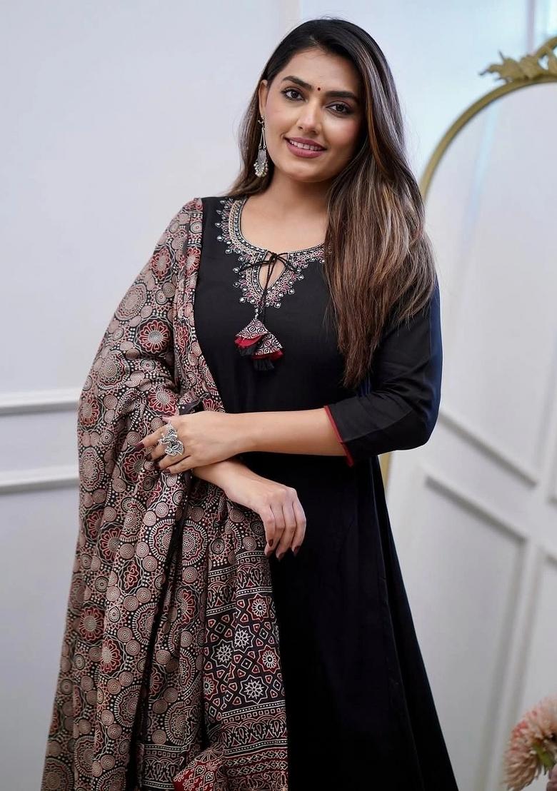 Black Embroidered Chanderi Palazzo Set With Dupatta