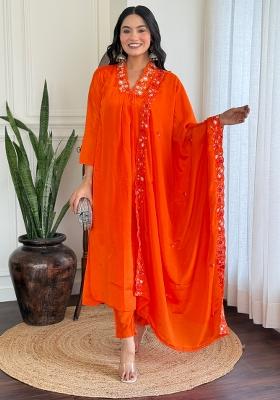 Orange Embroidered Chinon Palazzo Set With Dupatta