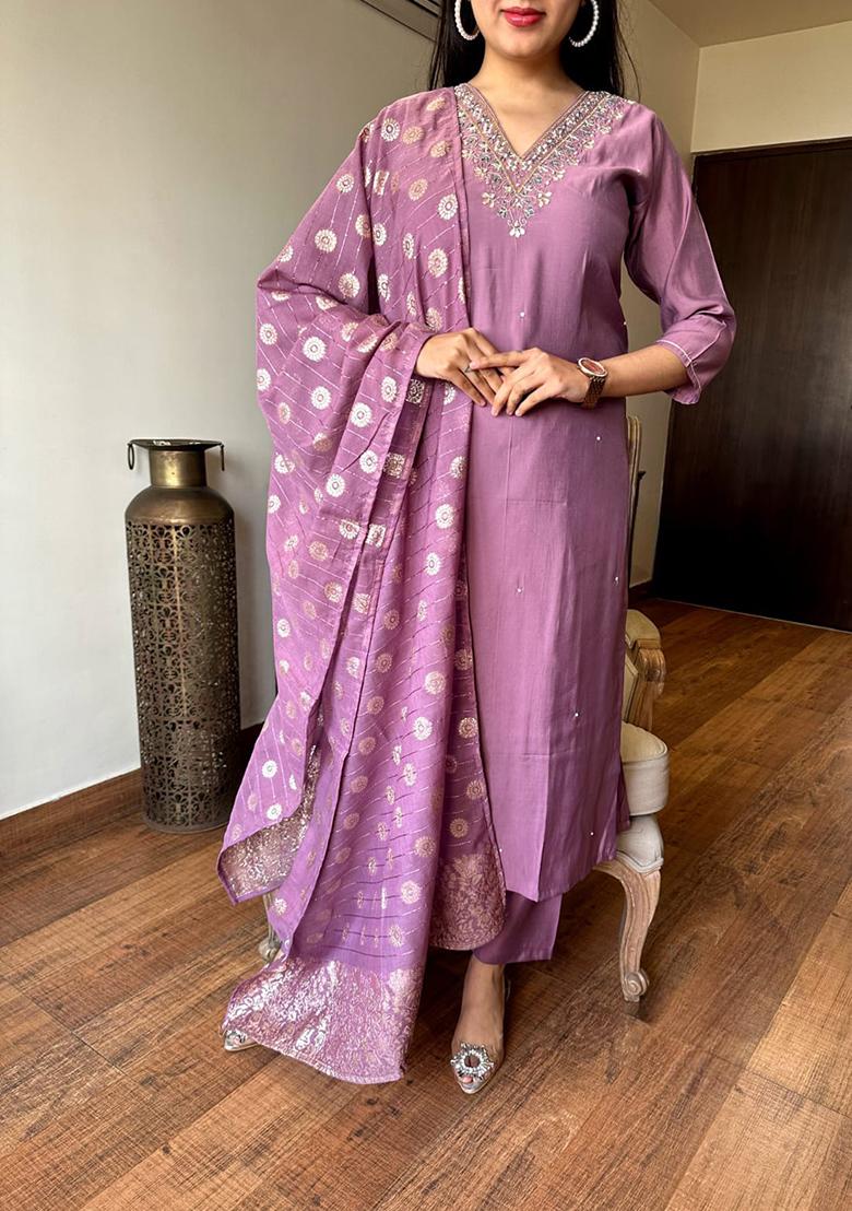 Onion Pink Embroidered Chanderi Salwar Kameez With Dupatta