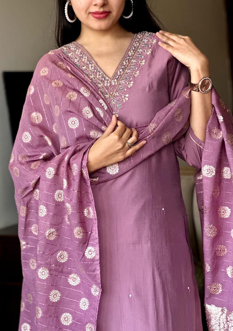 Onion Pink Embroidered Chanderi Salwar Kameez With Dupatta