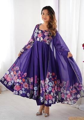 Purple Embroidered Organza Anarkali Set With Dupatta