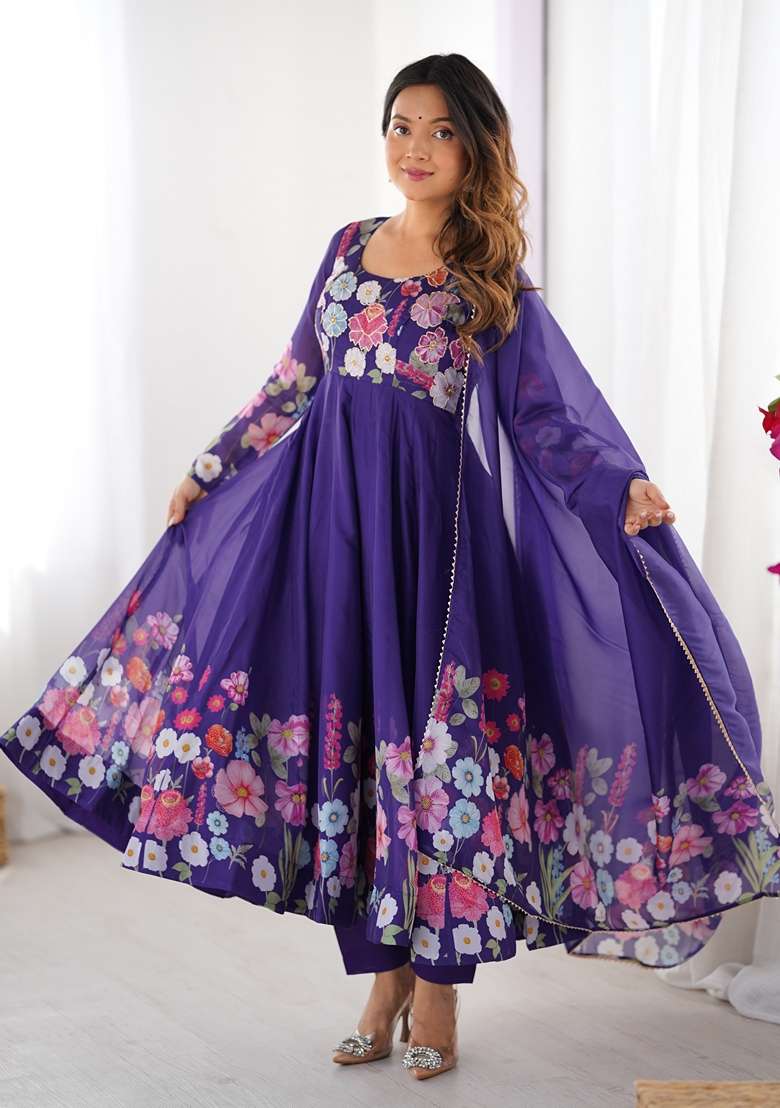 Purple Embroidered Organza Anarkali Set - Indya