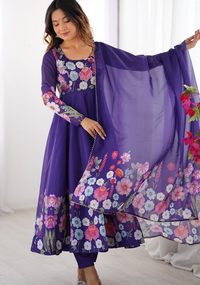 Purple Embroidered Organza Anarkali Set With Dupatta