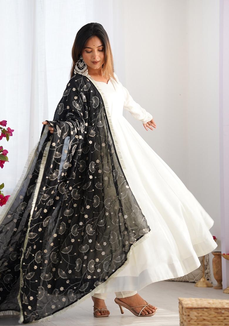 Black Embroidered Vichitra Silk Salwar Kameez With Dupatta