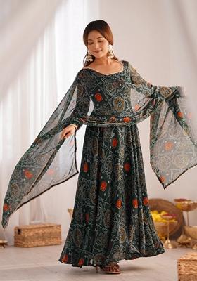 Green Printed Chiffon Anarkali Set With Dupatta