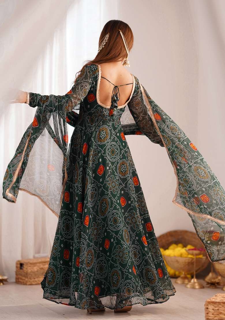 Green Printed Chiffon Anarkali Set - Indya