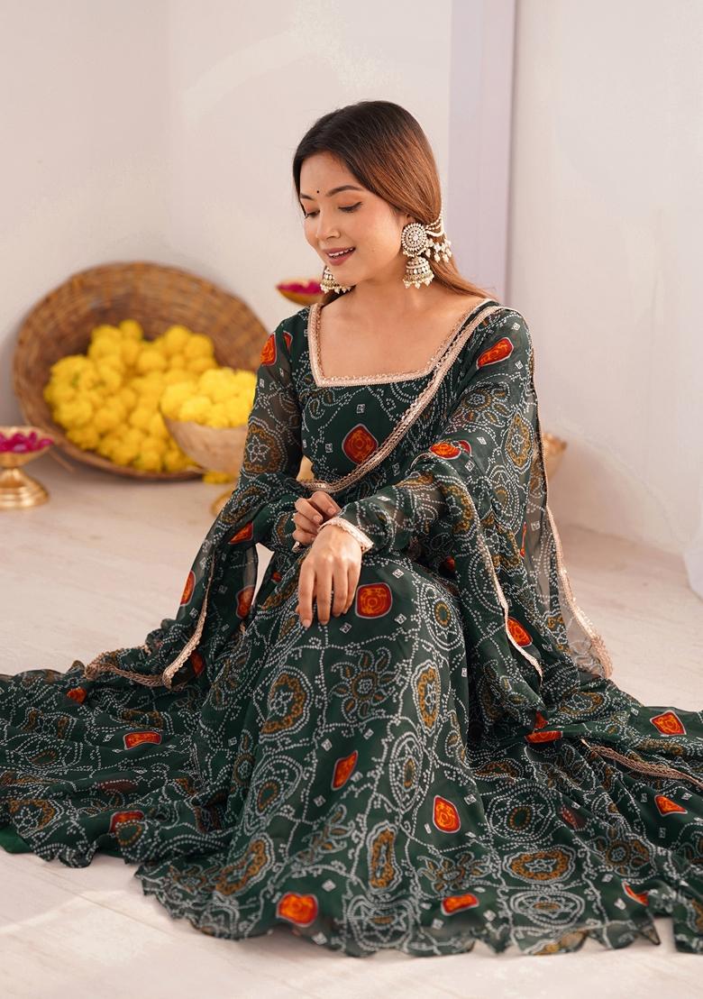 Green Printed Chiffon Anarkali Set With Dupatta