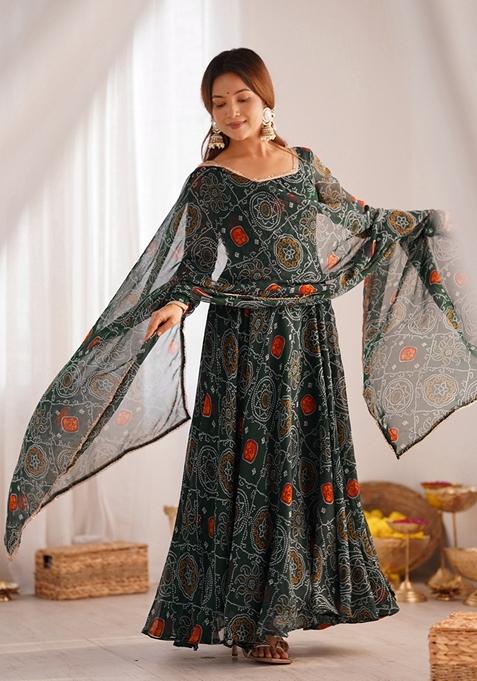 Green Printed Chiffon Anarkali Set With Dupatta
