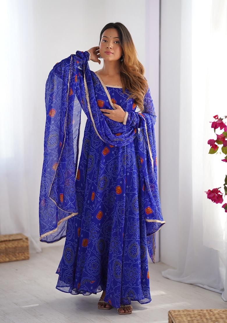 Royal Blue Printed Chiffon Anarkali Set With Dupatta