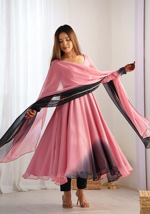 Onion Pink Printed Georgette Anarkali Set With Dupatta