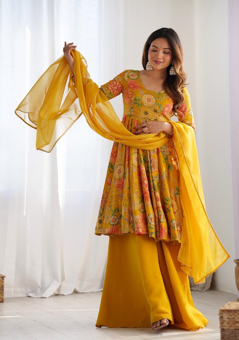Yellow Printed Organza Palazzo Set With Dupatta