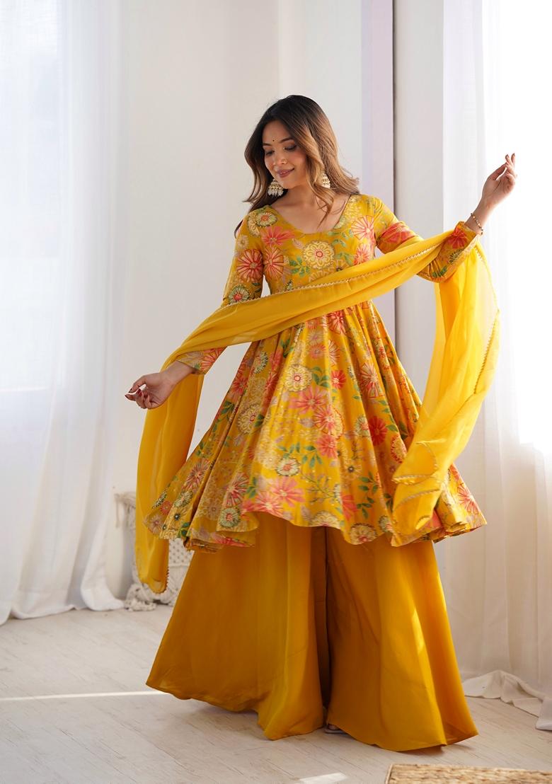 Yellow Printed Organza Palazzo Set With Dupatta