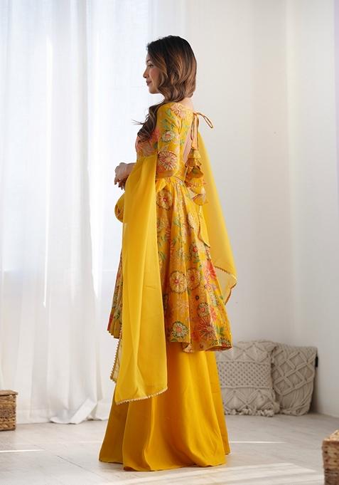 Yellow Printed Organza Palazzo Set With Dupatta