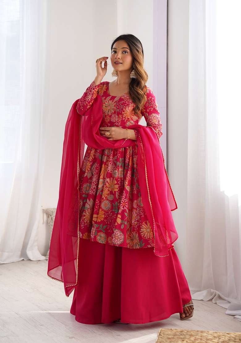 Rani Pink Embroidered Organza Sharara Set - Indya