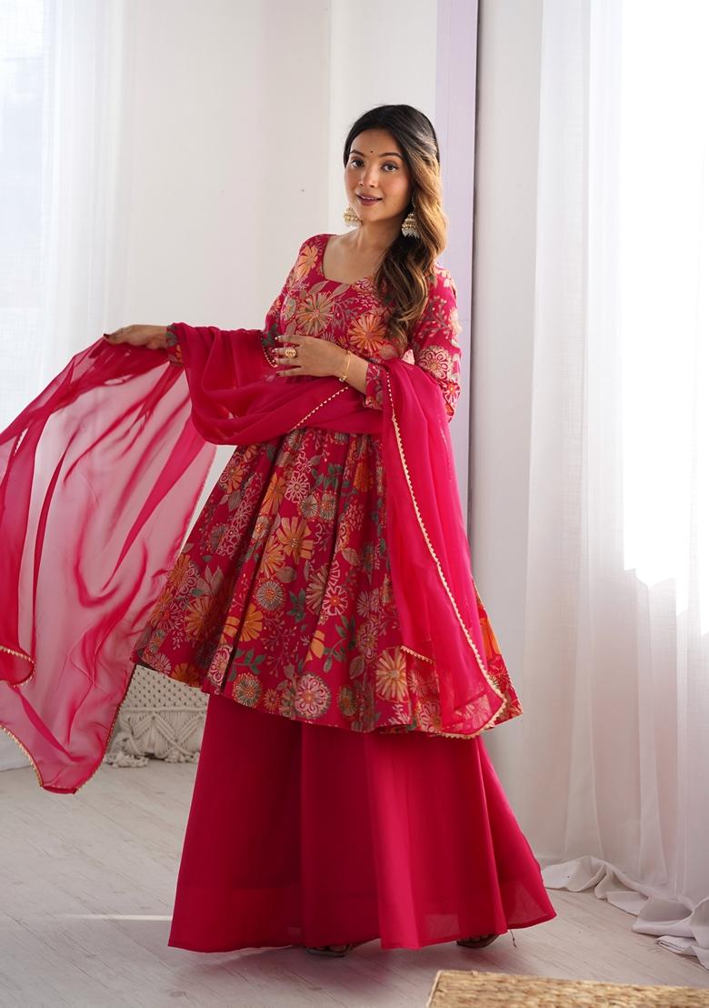 Rani Pink Printed Organza Palazzo Set With Dupatta
