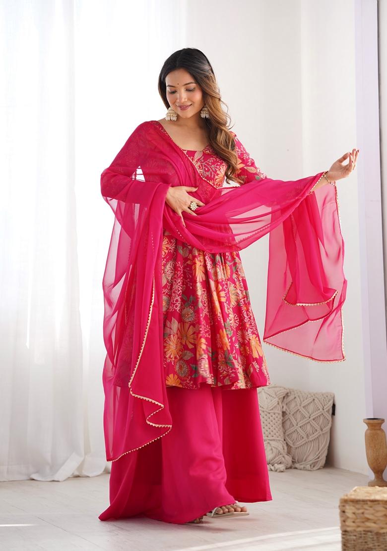 Rani Pink Printed Organza Palazzo Set With Dupatta