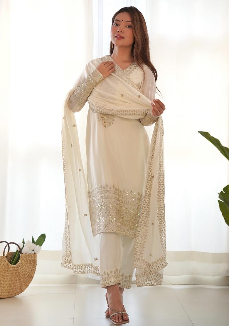 Off White Thread Work Chinon Salwar Kameez With Dupatta