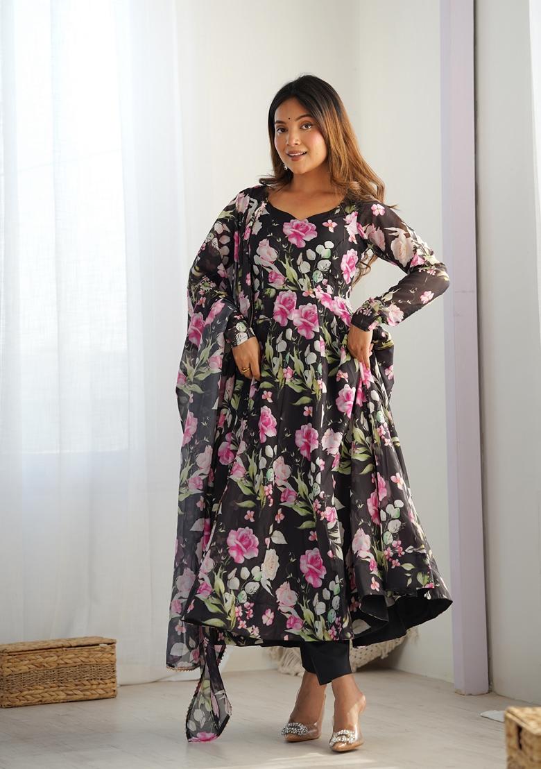 Black Printed Organza Anarkali Set With Dupatta