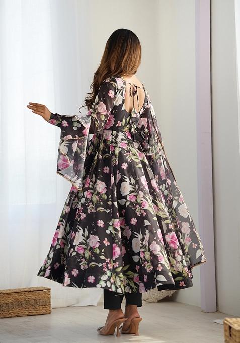 Black Printed Organza Anarkali Set With Dupatta