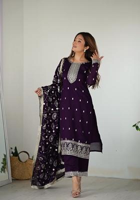 Purple Embroidered Vichitra Silk Salwar Kameez With Dupatta