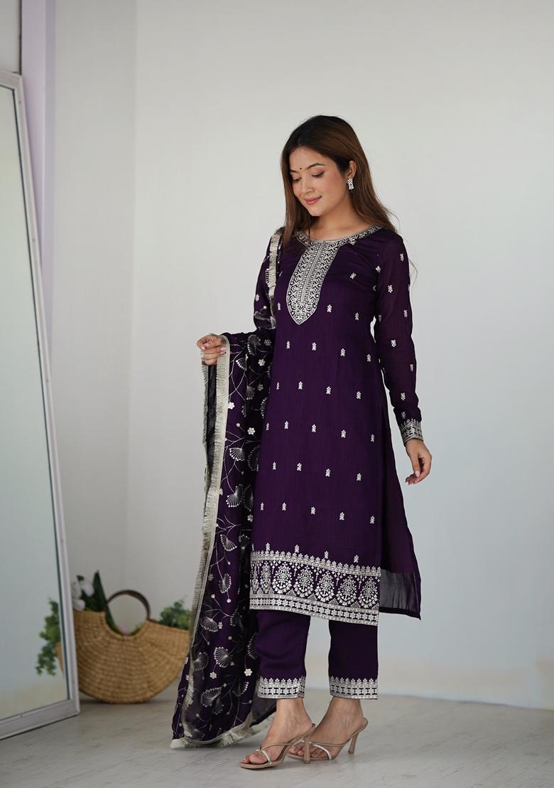 Purple Embroidered Vichitra Silk Salwar Kameez With Dupatta