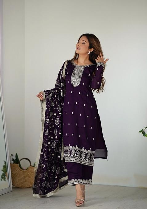 Purple Embroidered Vichitra Silk Salwar Kameez With Dupatta
