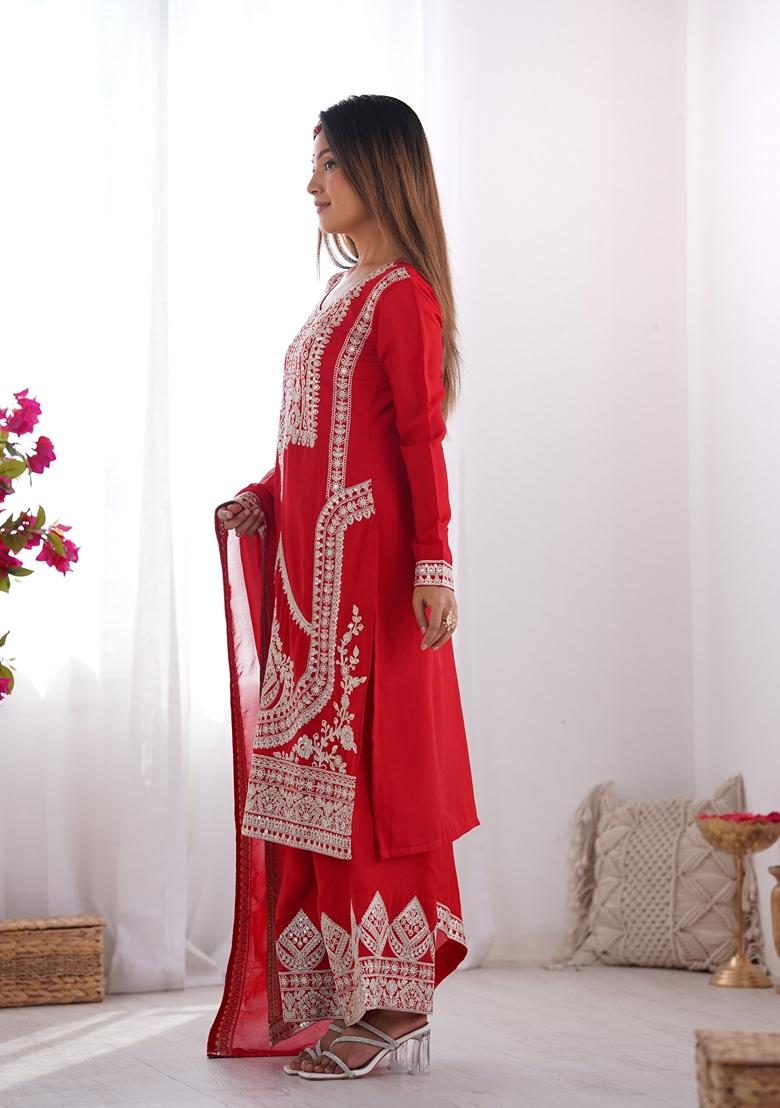 Red Embroidered Vichitra Silk Salwar Kameez With Dupatta