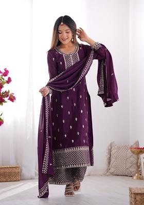 Purple Embroidered Chinon Salwar Kameez With Dupatta