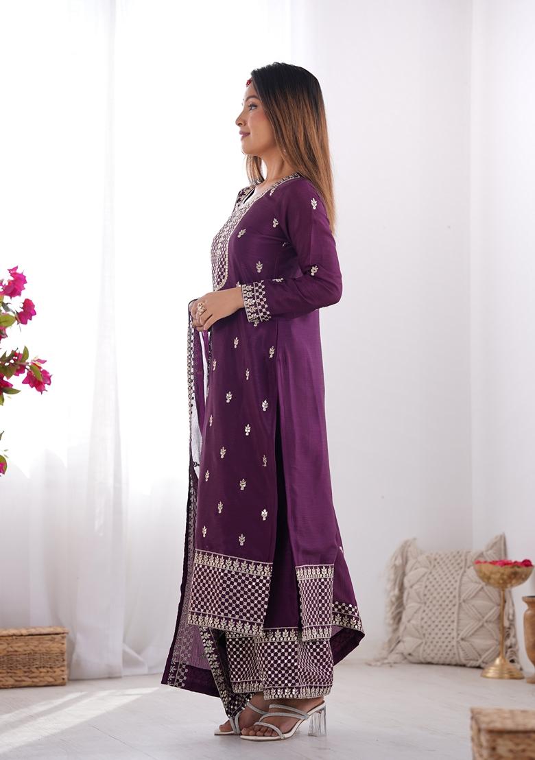 Purple Embroidered Chinon Salwar Kameez With Dupatta