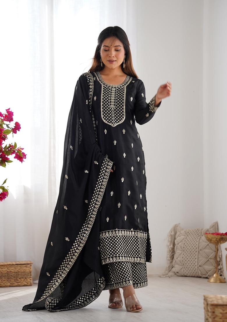 Black Embroidered Chinon Salwar Kameez With Dupatta